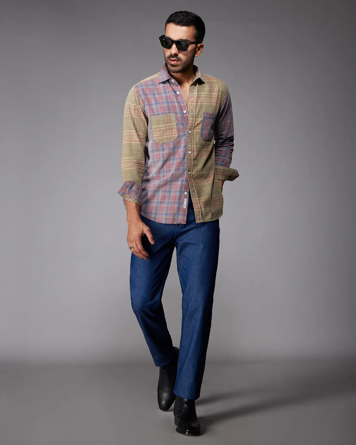 Red & Grey Corduroy Cut & Sew Checked Shirt - Image 4