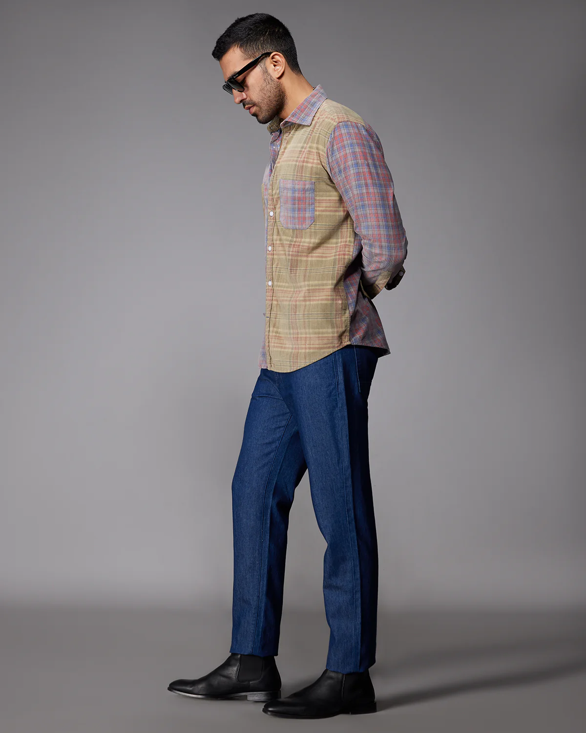 Red & Grey Corduroy Cut & Sew Checked Shirt - Image 5