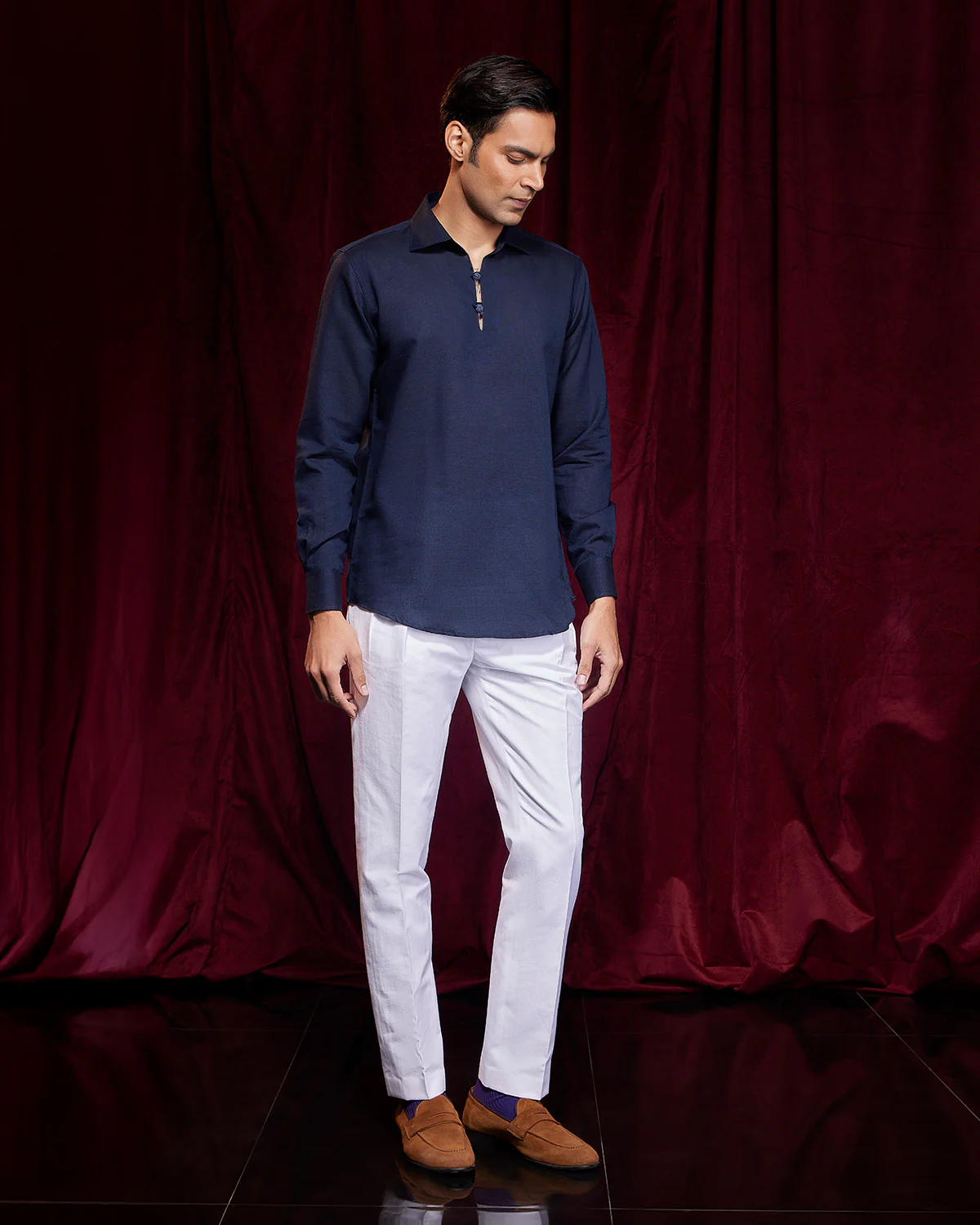 Riviera Cotton Linen Popover Shirt - Navy - Image 4