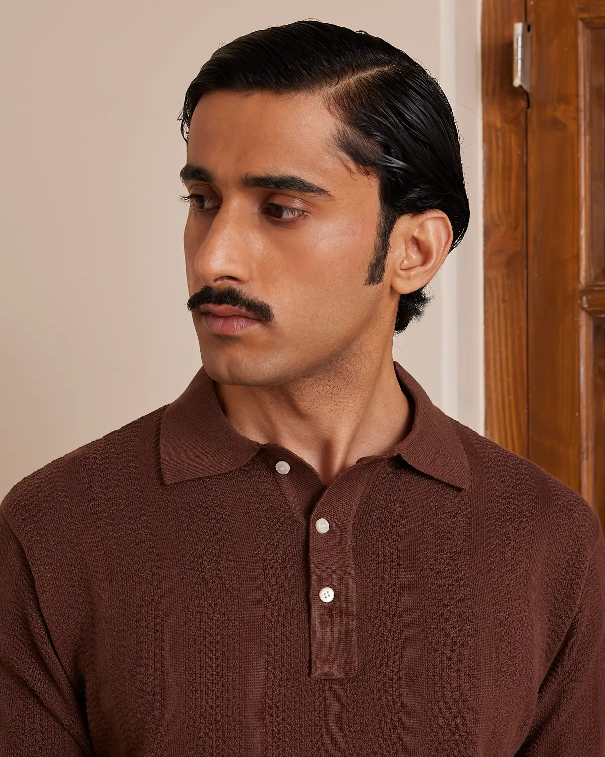 Signature Flat Knit Jacquard Button Polo - Brown - Image 2