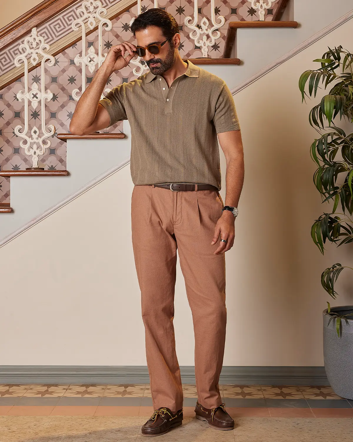 Signature Flat Knit Jacquard Button Polo - Light Olive - Image 3
