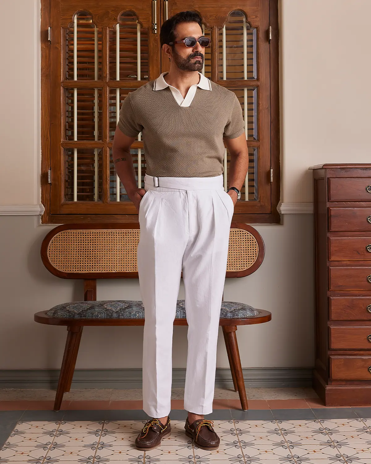 Signature Flat Knit Jacquard Johnny Polo - Light Olive & Ecru - Image 3