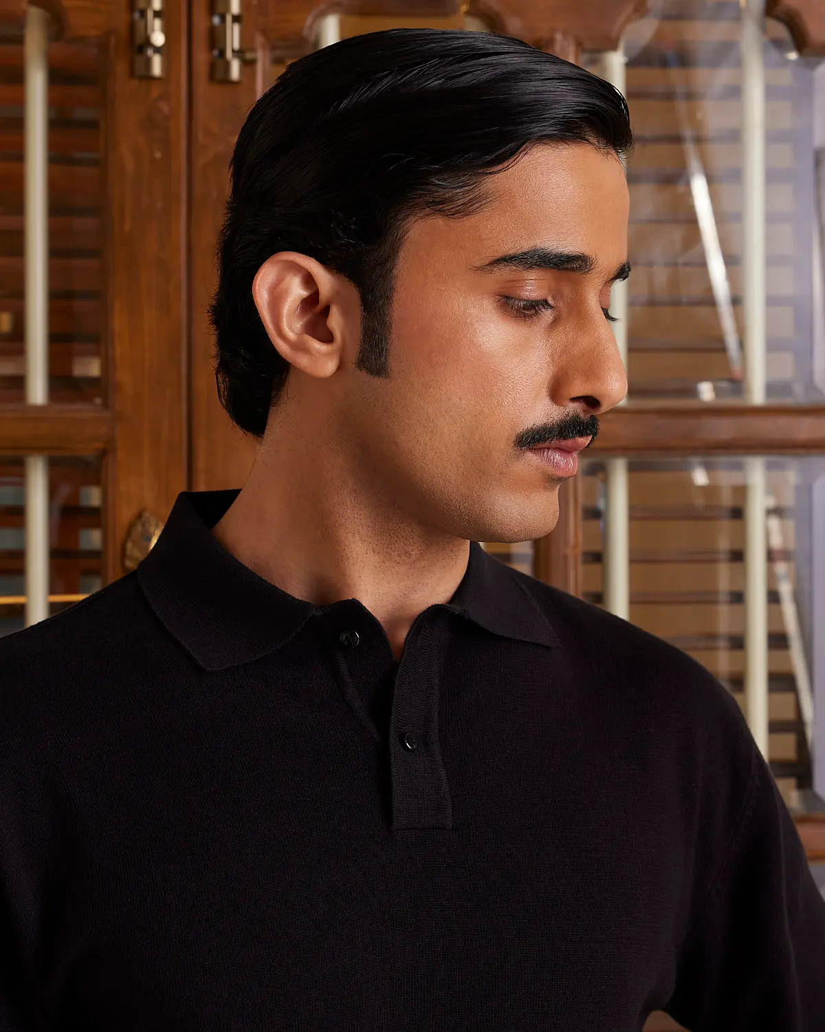 Signature Flat Knit Long Sleeve  Polo - Black - Image 2