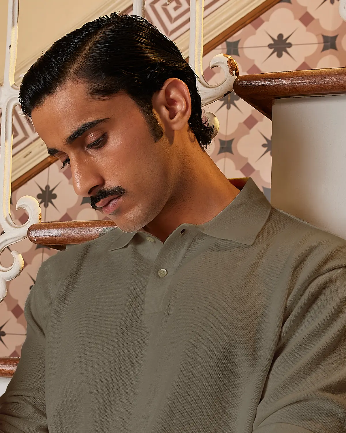 Signature Flat Knit Long Sleeve  Polo - Khaki - Image 2