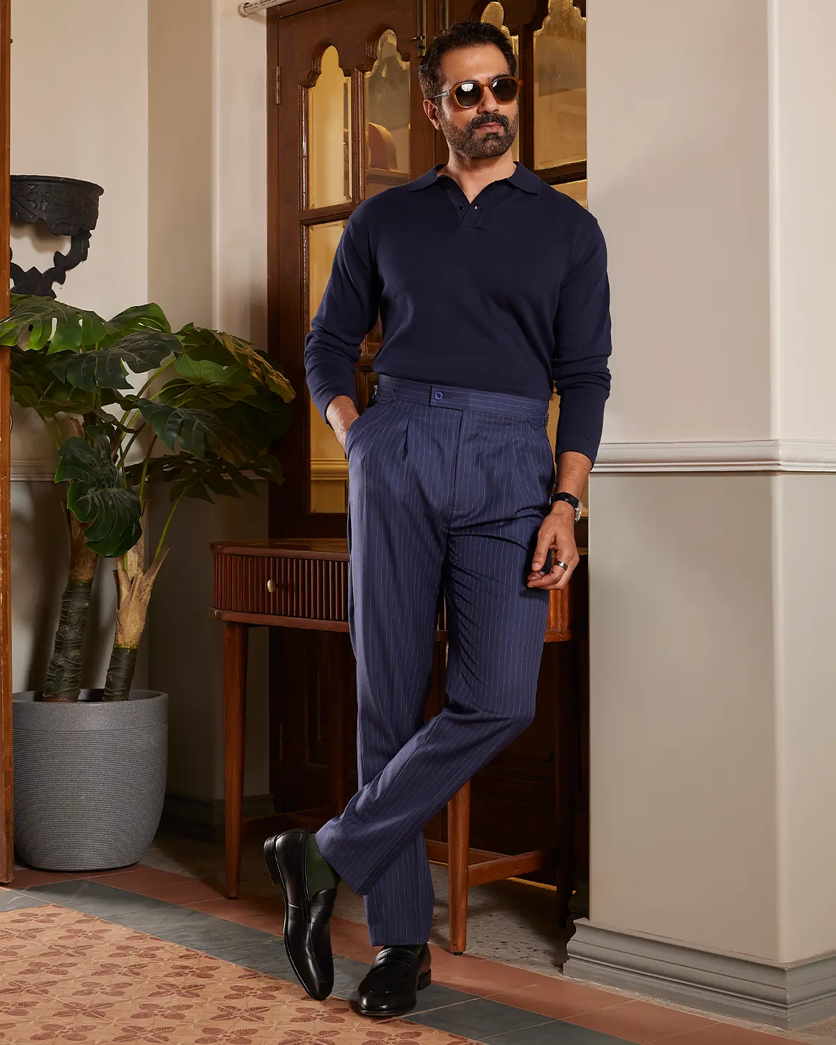 Signature Flat Knit Long Sleeve Polo T-shirt - Navy - Image 3