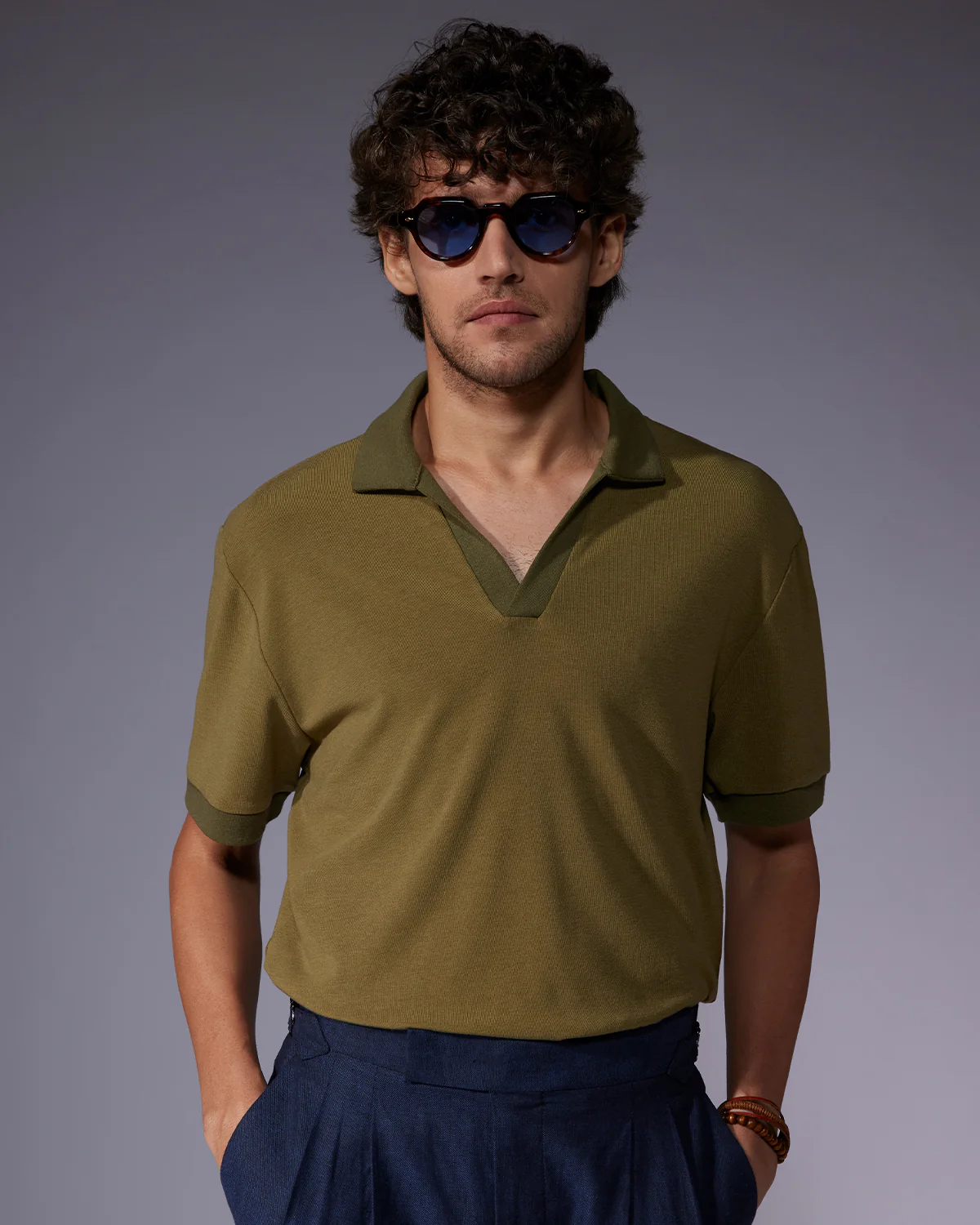 Lyocell Wool Stretch Johnny Polo T-Shirt- Olive - Image 3