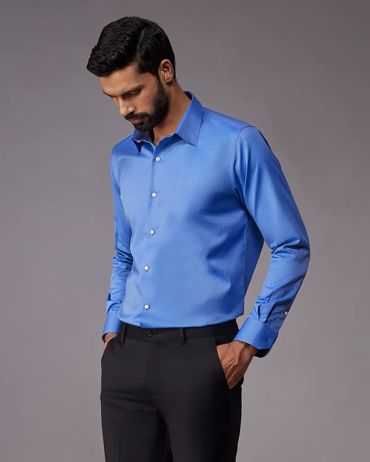 2-Ply Egyptian Cotton Mid Blue Herringbone Shirt - Image 2