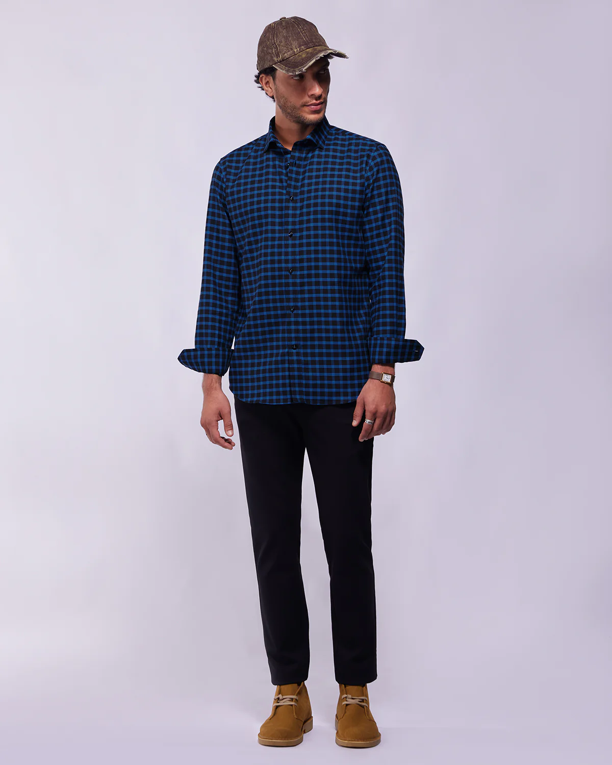 Somelos Brushed Twill Checked Shirt - Navy - Image 3