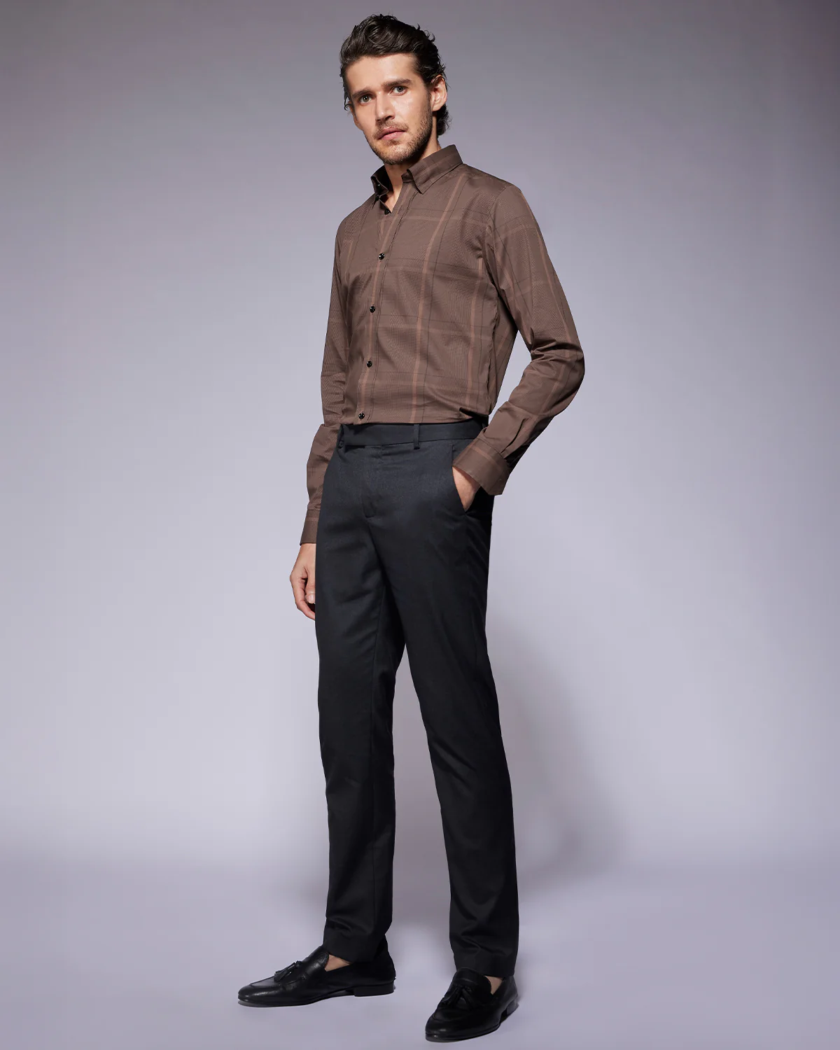 Stretch Cotton-Blended Checked Shirt - Brown - Image 3