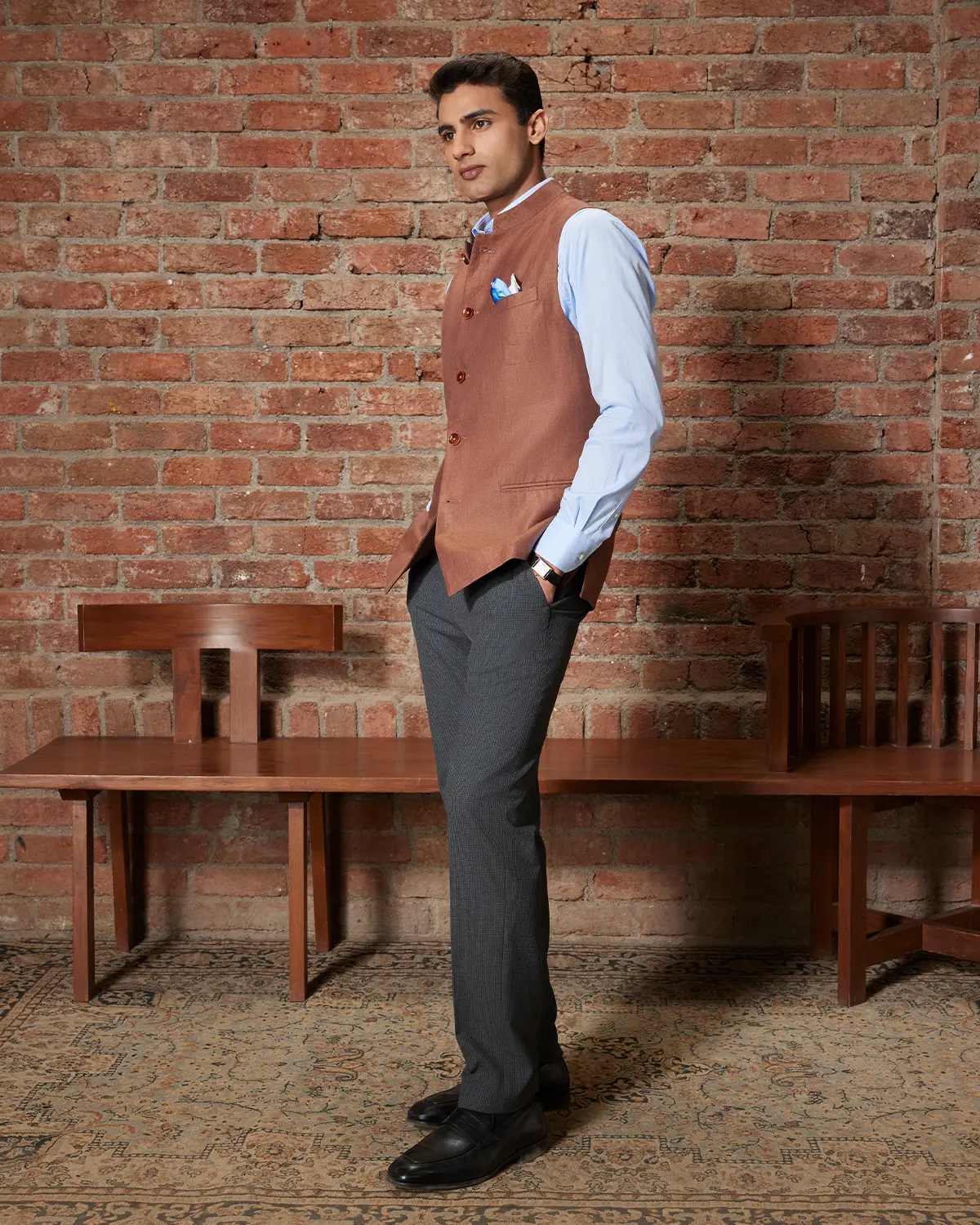 The Verona Linen Nehru Jacket  - Rust Brown - Image 4