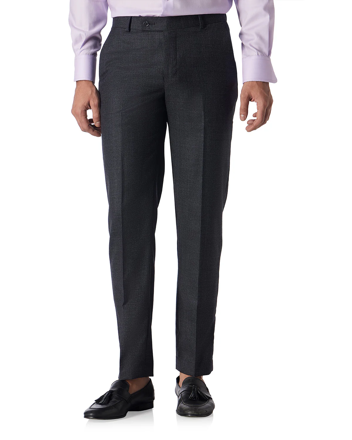 Veritas Merino Wool Glen Plaid Checked Dress Pants - Dark Grey - Image 2