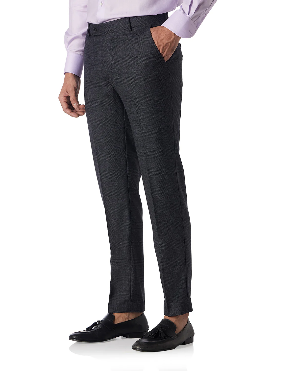 Veritas Merino Wool Glen Plaid Checked Dress Pants - Dark Grey - Image 4