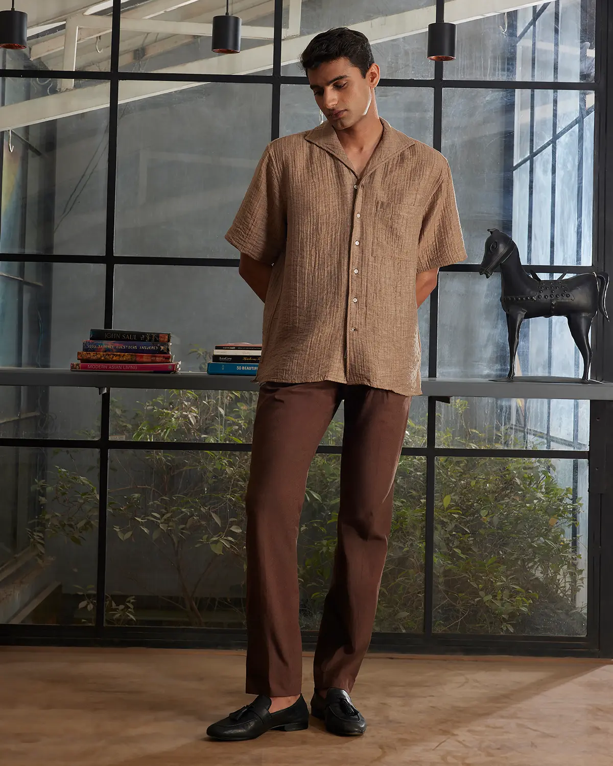 Light Brown Cooper Collar Double Cloth Shirt - Image 3